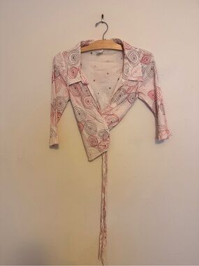 Tom K Nguyen White Cropped Wrap Cardigan with Red & Black Stitching